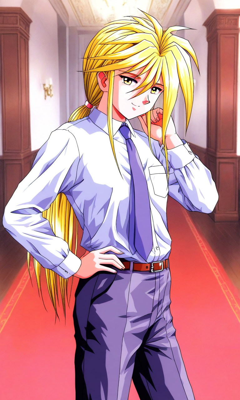 general,highres, ultra-detailed,very aesthetic,best quality ,best hands, BREAK <lora:Ijuuin_Rei_Tokimeki_Memorial_IS:1>
Ijuuin_Rei(Tokimeki_Memorial),  blonde hair, yellow eyes, hair between eyes, 
 necktie, long hair, shirt, belt, pants, ponytail, long sleeves, 
 hand on hip, smile, looking at viewer, 1boy, white shirt, formal, 
 indoors