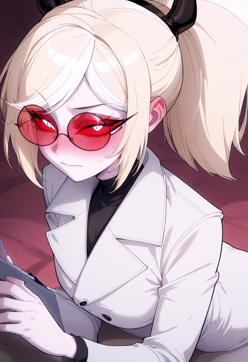 masterpiece, best quality, newest, absurdres, highres, 
1girl, HHOVP-ODC.V1.0, blonde hair, white skin, red-tinted eyewear, glasses, red sclera, red-tinnted  colored sclera, white eyes, high ponytail, red glasses, hairband, hairband with horns, tied hair,