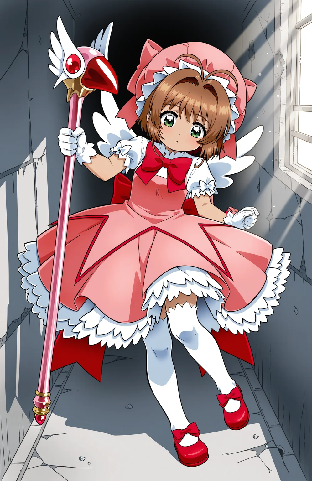 1girl, solo, <lora:Daikin:1> dkn,
kinomoto sakura, kinomoto sakura \(magic dream costume\), white white shirt, puffy short sleeves, pink dress, frilled dress, white thighhighs, red mary janes, footwear ribbon, red bow, pink bow, white gloves, white wings, pink headwear, mob cap, fuuin no tsue, staff,
(medium shot), repairing equipment, detailed face, located in a ruined world at a destroyed highway during dawn with windy weather, illuminated by harsh sunlight, creating a foreboding,desolate atmosphere, extremely detailed, highres, masterpiece, best quality