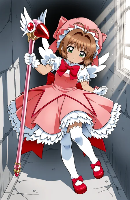 1girl, solo, <lora:Daikin:1> dkn,
kinomoto sakura, kinomoto sakura \(magic dream costume\), white white shirt, puffy short sleeves, pink dress, frilled dress, white thighhighs, red mary janes, footwear ribbon, red bow, pink bow, white gloves, white wings, pink headwear, mob cap, fuuin no tsue, staff,
(medium shot), repairing equipment, detailed face, located in a ruined world at a destroyed highway during dawn with windy weather, illuminated by harsh sunlight, creating a foreboding,desolate atmosphere, extremely detailed, highres, masterpiece, best quality