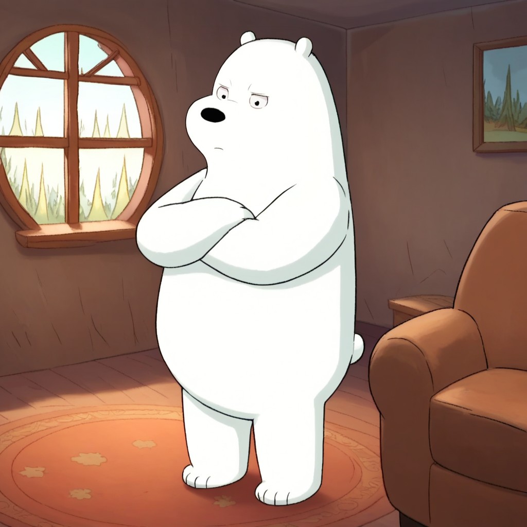 score_9, score_8_up, score_7_up, icebear, male, furry male, anthro, solo, polar bear, white fur, black pupils, black nose, bear tail, paw pads, standing, crossed arms, indoors, living room