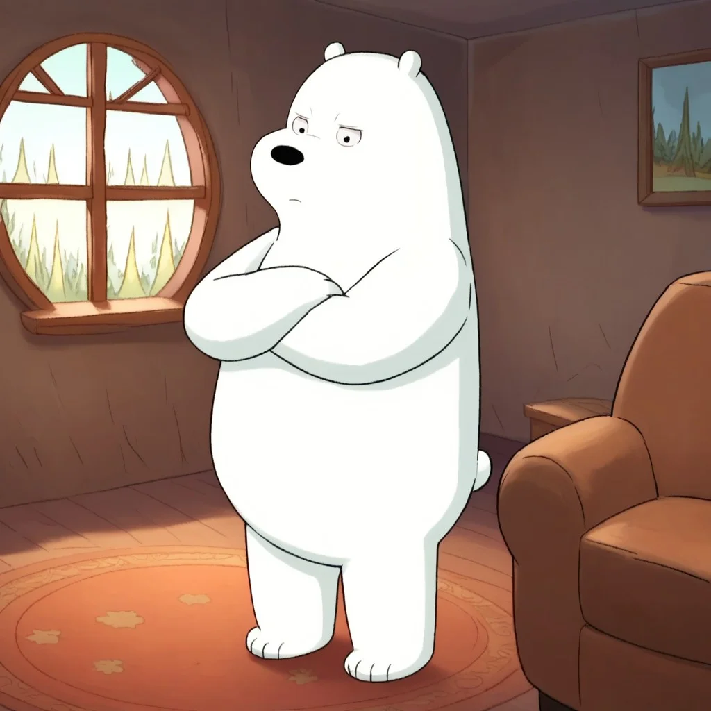 score_9, score_8_up, score_7_up, icebear, male, furry male, anthro, solo, polar bear, white fur, black pupils, black nose, bear tail, paw pads, standing, crossed arms, indoors, living room