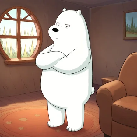 score_9, score_8_up, score_7_up, icebear, male, furry male, anthro, solo, polar bear, white fur, black pupils, black nose, bear tail, paw pads, standing, crossed arms, indoors, living room