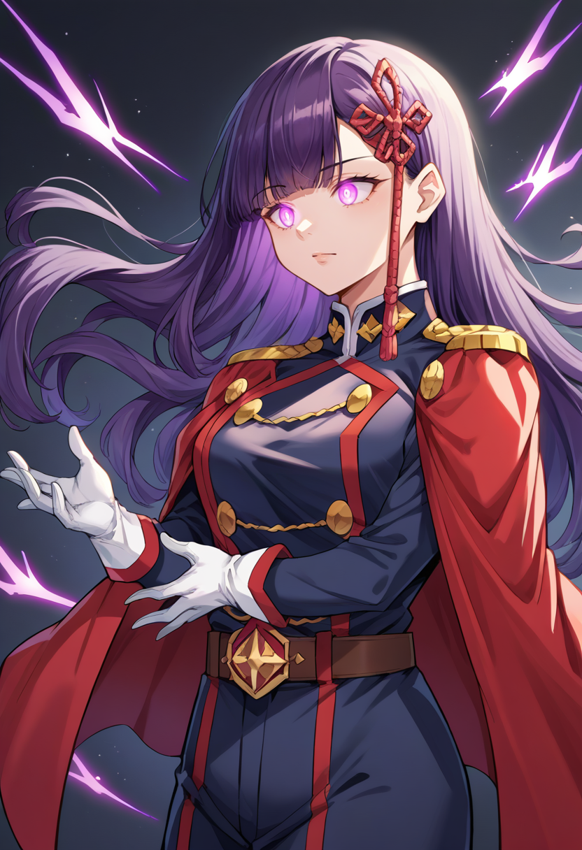 score_9, score_8_up, source_anime, 1girl, solo, YamashiroRen, long hair, blunt bangs, hair ornament, military uniform, epaulettes, white gloves, red cape, belt, black pantyhose, glowing eyes, floating, extended arms, purple glow, black background, purple sky, upper body shot, <lora:ChamYamashiroRenPonyXL:1>