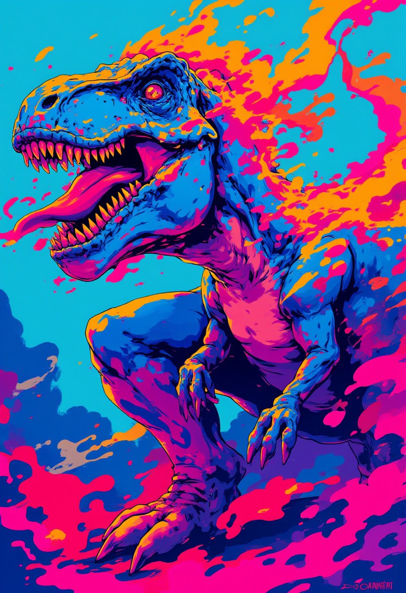 high contrast neon anime style in turquoise, pink and orange, anime t-rex dinosaur