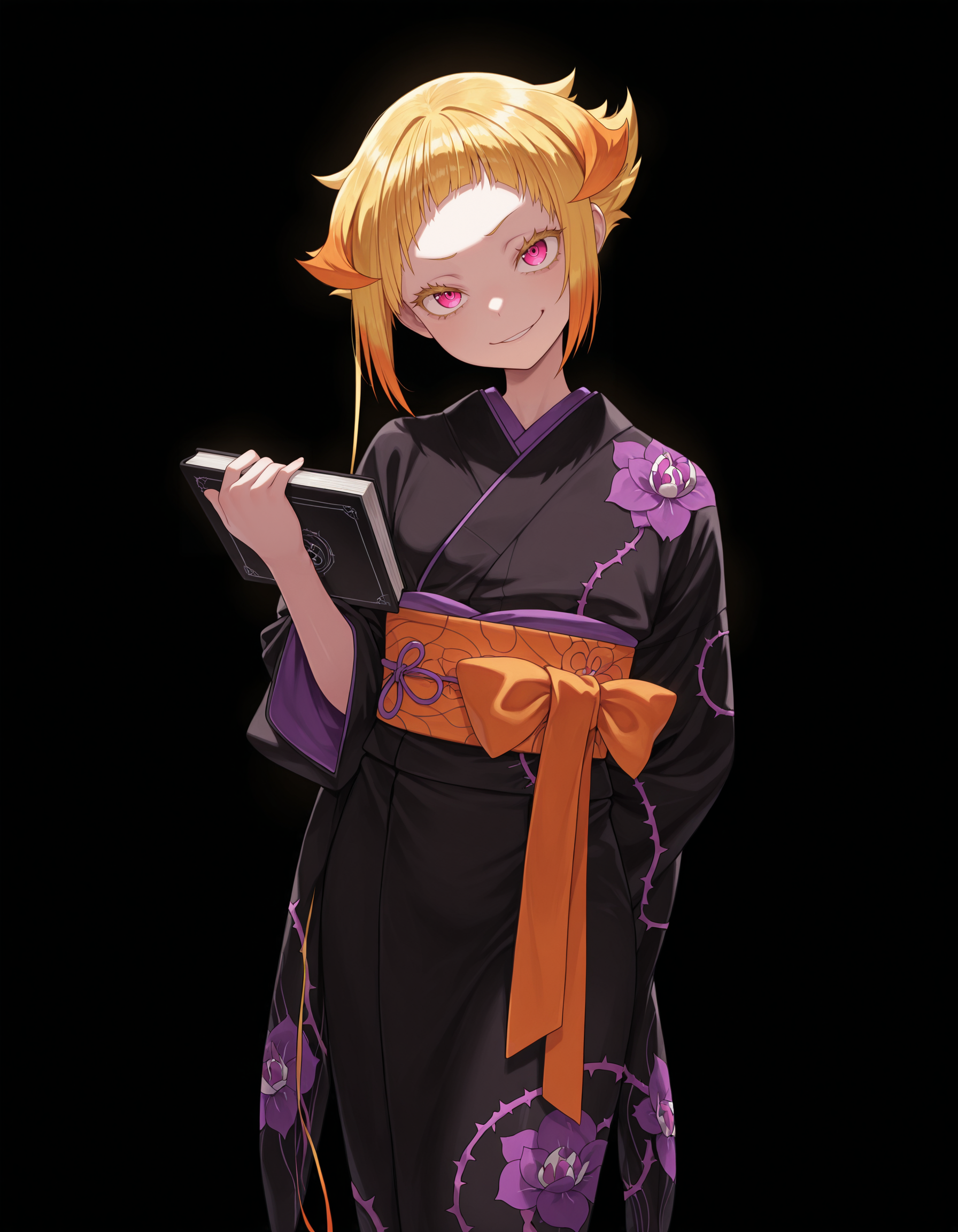 <lora:Capella Illu v3:1>
capell4, multicolored hair, blonde hair, orange hair, pink eyes, thick eyelashes, 
black kimono, purple floral print, thorns print, looking at viewer, head tilt, feet out of frame, long kimono, holding black book, orange sash, one hand behind back, smirk, 
(simple background:1.4), (black background:1.4), masterpiece, best quality, amazing quality