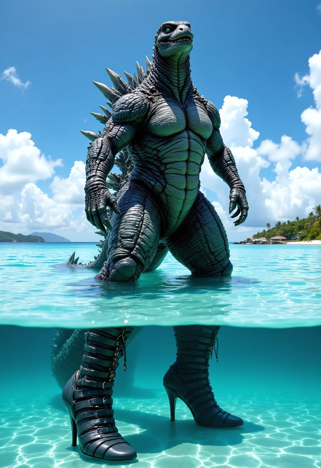 Godzilla standing confidently in shallow, crystal-clear ocean water, towering above the surface while wearing oversized, ultra-shiny, and provocatively designed high-heeled platform shoes. The shoes are embellished with multiple thin, strappy buckles that spiral up his ankles like seductive gladiator heels, with towering stiletto heels that add to their exaggerated, 'slutty' aesthetic. The waterline cuts across Godzilla’s body, showing the reptilian upper half with its iconic rough texture and spiky dorsal fins above the surface, while the submerged lower half clearly displays the extravagant shoes in the clear blue water. The background features a bright, sunny day with a calm ocean horizon, scattered fluffy clouds, and distant tropical islands. The image balances humor and absurdity, emphasizing the juxtaposition of Godzilla’s massive, fearsome presence and the outrageously stylish heels