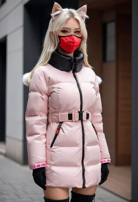 ((((padded down coat)))), ((((padded puffer coat)))), ((((padded winter clothes)))), ((((very cold)))), ((((puffer hood up)))), ((((full body)))), beautiful, masterpiece, 1girl, mature female, (((white long hair))), (((red eyes))), cat ears, large breasts, gloves, chest harness, (((half face mask))), army, Red digital camouflage, steam, cyberpunk, city, neon lights, pressure squeezing cuffs, pressure squeezing collar, (Thick padded cuffs:1.4), (Thick padded collar:1.4), <lora:Collar-SDXL:0.75>, <lora:Cuffs-SDXL:0.75>, <lora:fashion_lora:0.6>