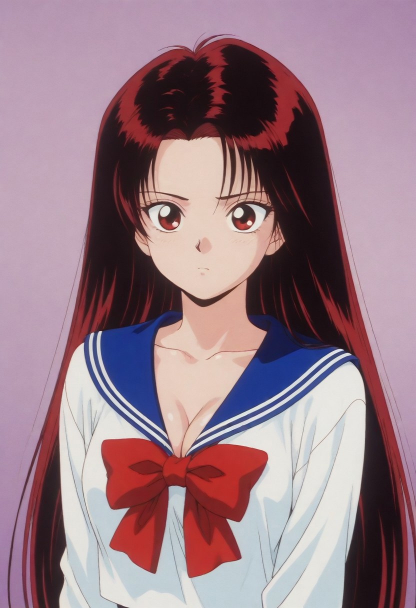 masterpiece, best quality, amazing quality,,,,<lora:izunaIL:0.8>1girl,Haduki_IzunaPO,1990s \(style\),retro artstyle, red eyes,black hair,red hair,very long hair,cleavage,collarbone, school uniform,serafuku,shirt,white shirt,blue sailor collar,bowtie,red bowtie,