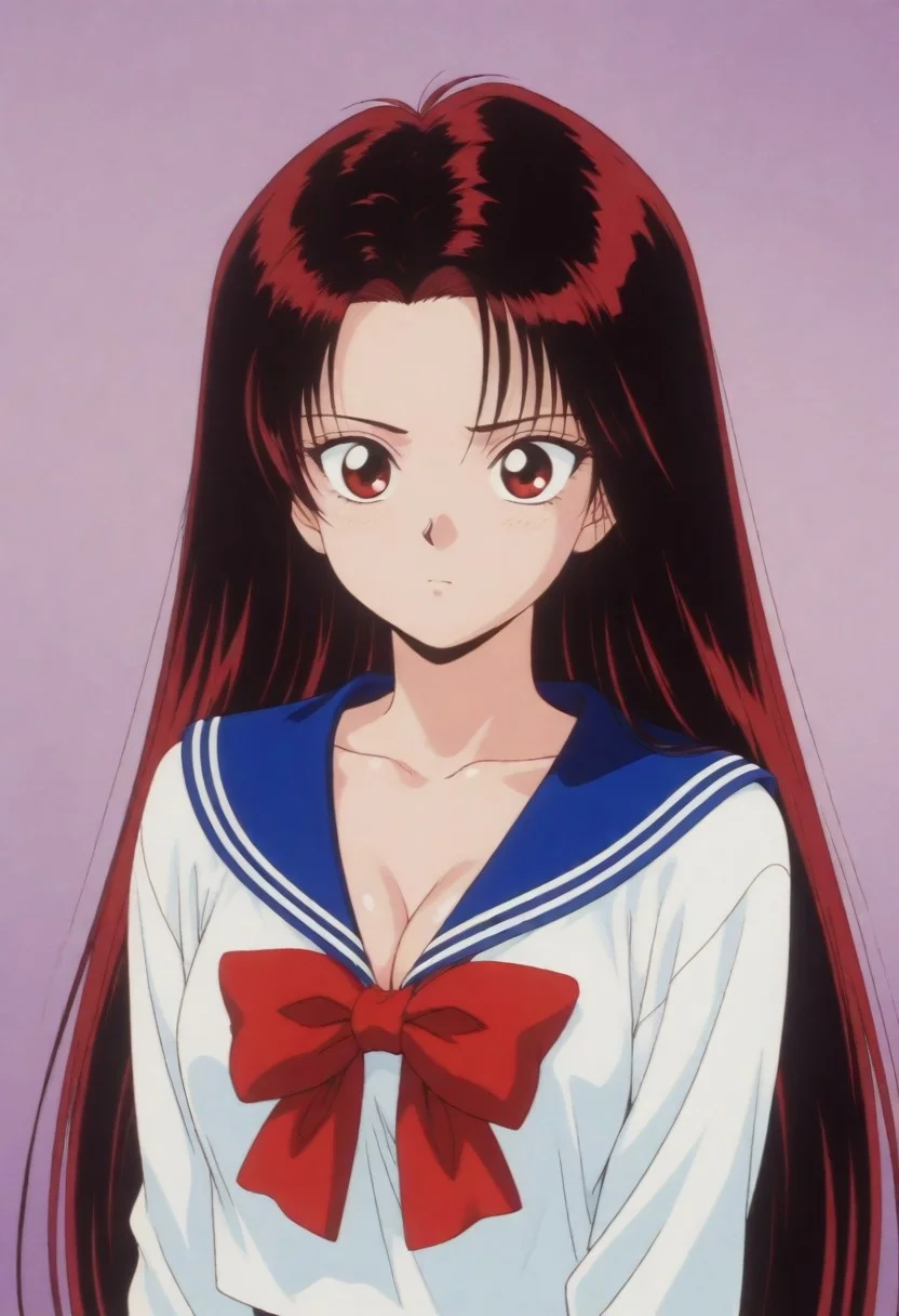 masterpiece, best quality, amazing quality,,,,<lora:izunaIL:0.8>1girl,Haduki_IzunaPO,1990s \(style\),retro artstyle, red eyes,black hair,red hair,very long hair,cleavage,collarbone, school uniform,serafuku,shirt,white shirt,blue sailor collar,bowtie,red bowtie,