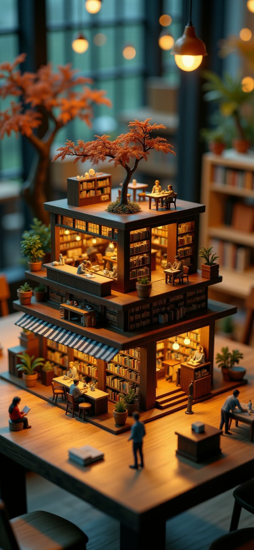 (indoors,indoor,isometric view,side view,tilt-shift lens:2), (fna_style,miniature,miniature,diorama,miniature,diorama,PVC,plastic:2),starry night,autumn giant (multi layers of library with cafe cubic vertical:2.5) is located center, people, (in wooden square plate:3) (on table at study:3) <lora:Fantasy_Novel_Art_Style:1> <lora:Rostpunk:0.3>