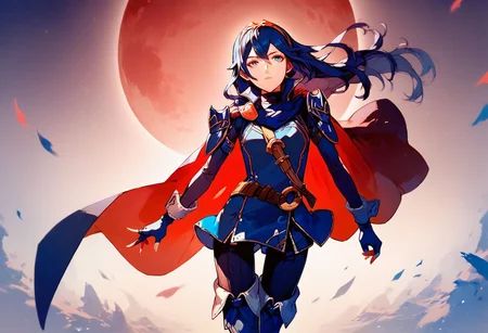 score_9, score_8_up, score_7_up, 1girl ,perfecteyes,red moon, multicolored theme,defLuci, long hair, tiara, cape, shoulder armor, blue tunic, long sleeves, cuffs, blue scarf, fingerless gloves, belt, pants, thigh boots