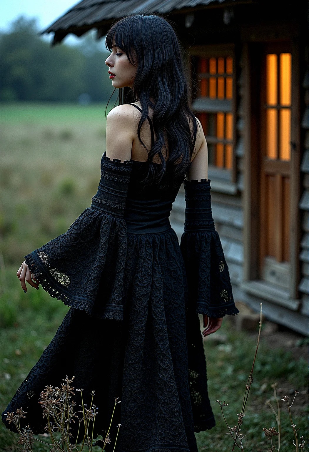 A Gothic woman with dark tones and intricate details, dressed in a bohemian crochet dress with voluminous bell sleeves. The rustic wooden house setting is illuminated by dramatic, high-contrast lighting, creating a moody, mysterious atmosphere. Black flowers and wilted blooms add to the textured, haunting beauty of the scene.
The woman turns slightly to one side as she walks, her dress flowing around her legs in a gentle arc. colorful