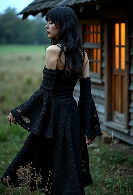 A Gothic woman with dark tones and intricate details, dressed in a bohemian crochet dress with voluminous bell sleeves. The rustic wooden house setting is illuminated by dramatic, high-contrast lighting, creating a moody, mysterious atmosphere. Black flowers and wilted blooms add to the textured, haunting beauty of the scene.
The woman turns slightly to one side as she walks, her dress flowing around her legs in a gentle arc. colorful