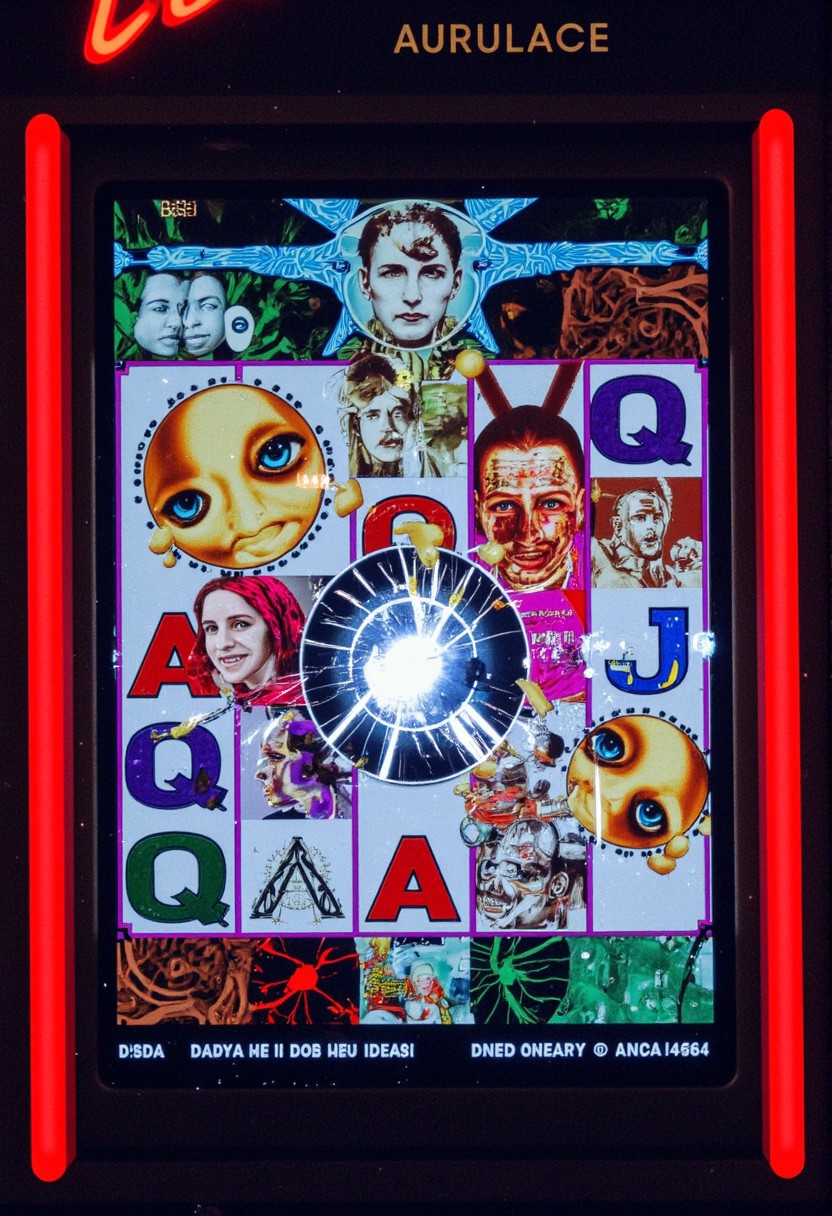 Slot machine graphics from front view . Disturbing scenes of addiction, people injecting drugs heroin, white powder, drinking alcohol smoking cigarettes. very strange surrealist style with holographic vortex featuring swirls of holotropic colour and glowing eyes wet distorted factory shot. On the television sets are glowing hands, with electricity coming off the finger tips. swirling around