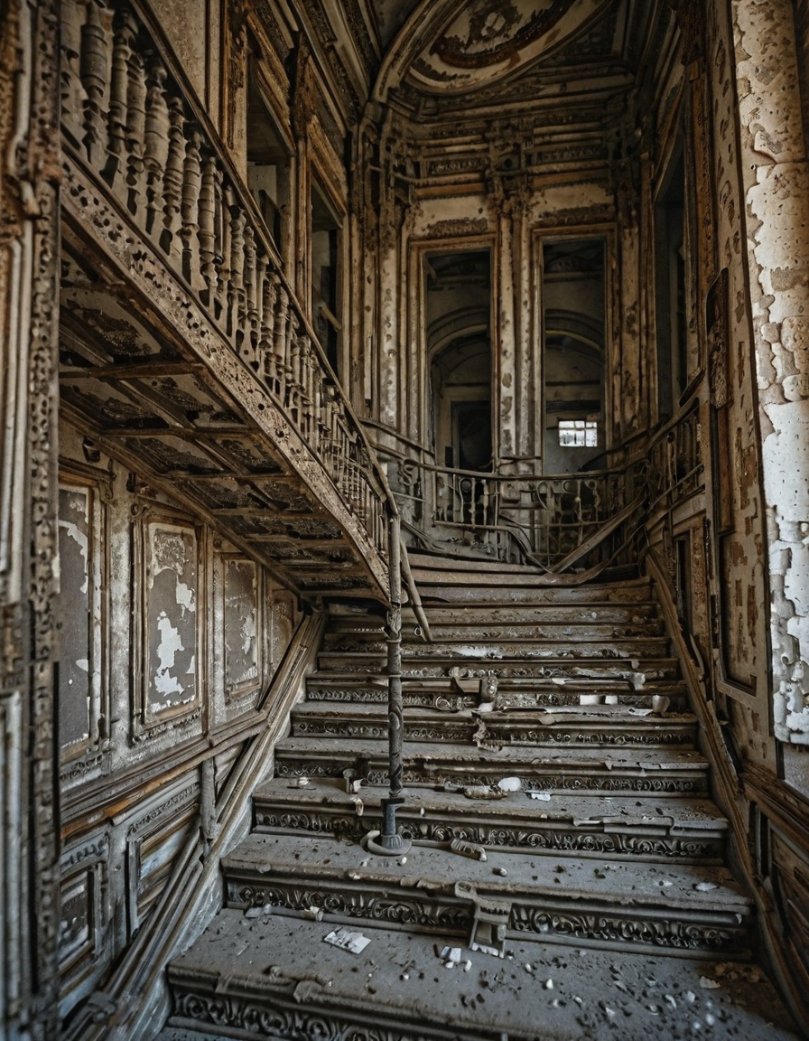 <lora:City_Worlds_02_Lost_Indusinc:1> photo, cw02lost, indoors, abandoned, staircase, vintage, peeling paint, decay, historic, ornate, moody, old building, baroque, architecture, shadow, forgotten, derelict, atmospheric, mystery, worn, faded, eerie, industrial
