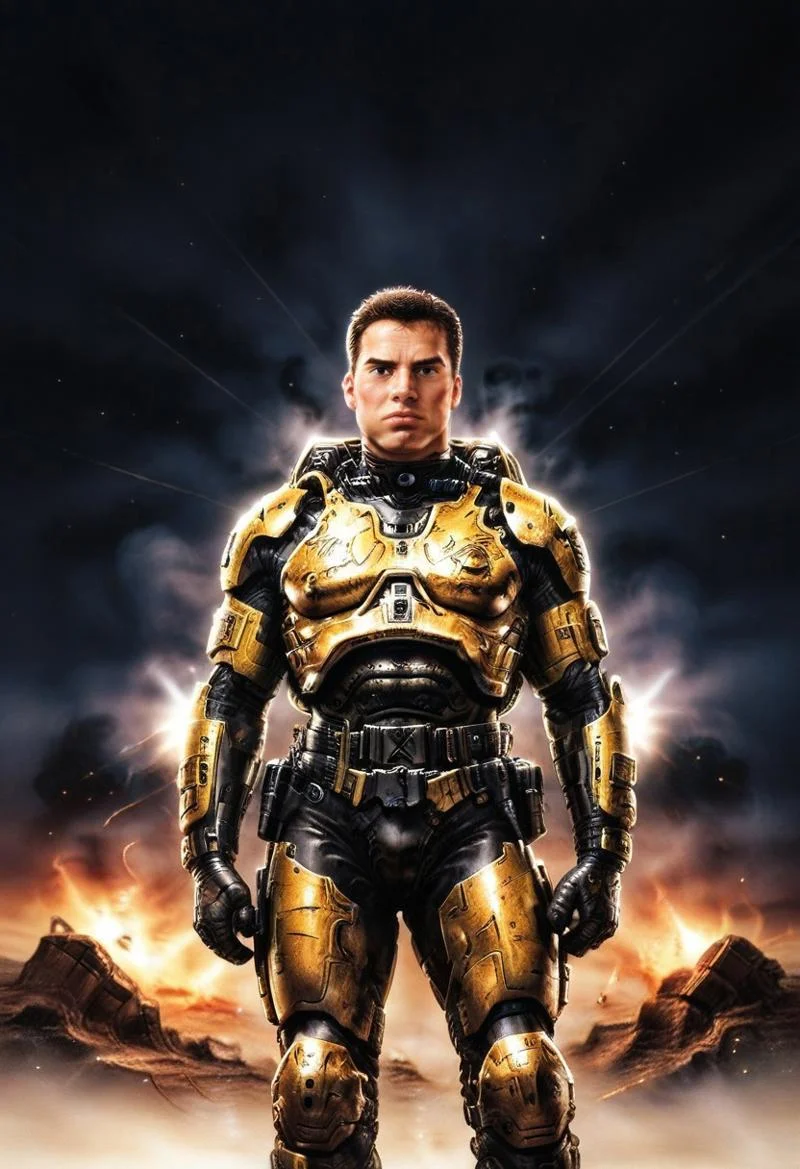 realistic, dark theme, low light, 1boy, solo.
fit body, SFMale, Male soldier, Power Armor.