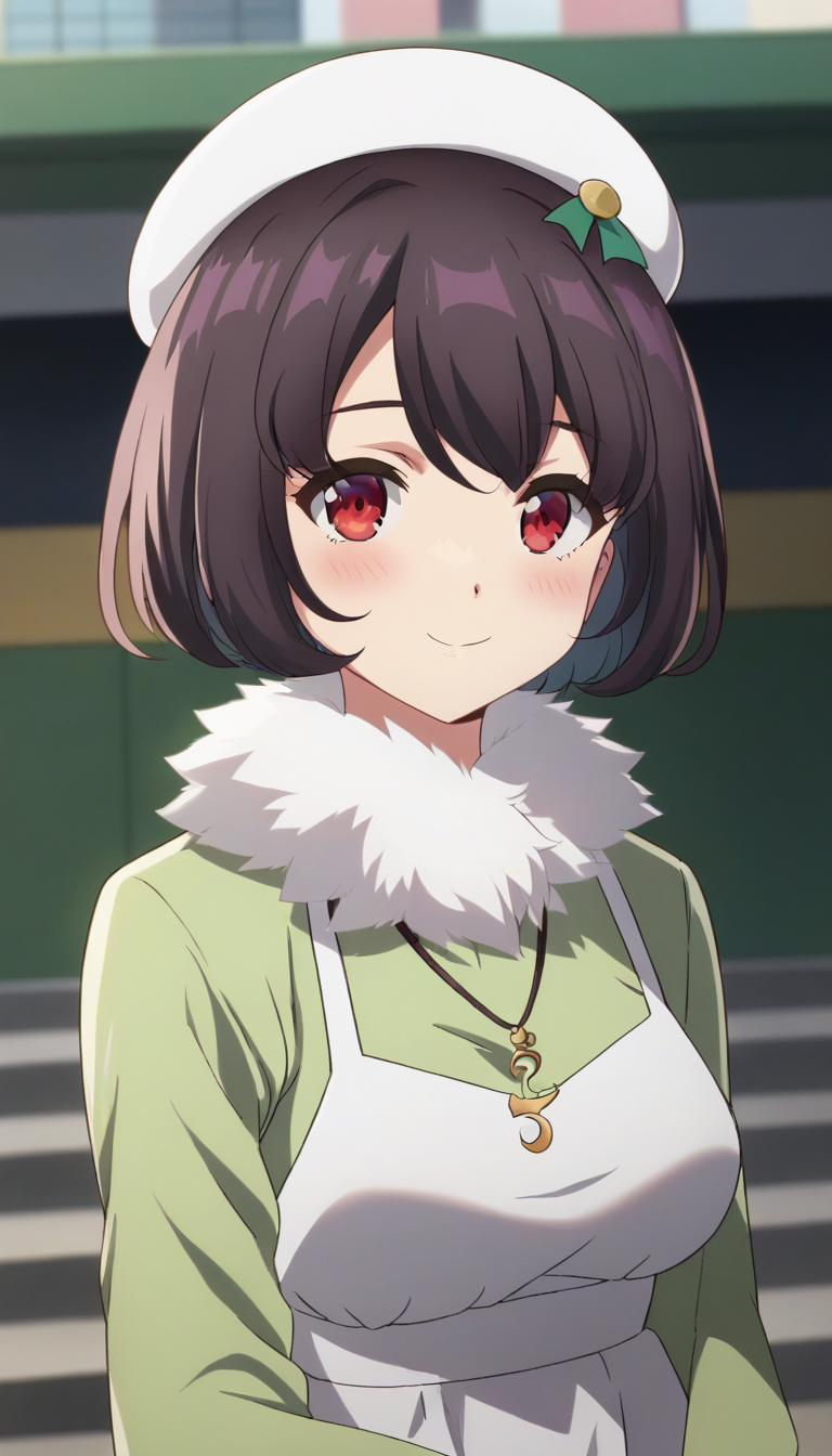 score_9,score_8_up,masterpiece,best quality,correct anatomy,anime_source,1girl,solo,perfect eyes,perfect arms,perfect legs,perfect face,outdoors,upper body,(portrait:1.5),looking at viewer,facing viewer,smile,blush,Sayuri Jisshoji,beret,white headwear,short hair,black hair,red eyes,fur collar,fur trim,necklace,green shirt,long sleeves shirt,halter dress,white dress,sleeveless dress,medium breasts,black pantyhose,high heel boots,brown footwear,<lora:Sayuri Jisshoji(bnr)-Pony:1.6>,