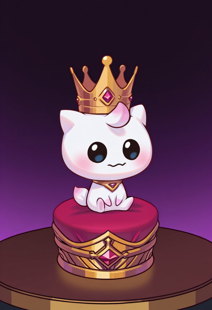DJco, Crown_(object), cute tiny creature with a crown sitting on a table, no humans, no characters