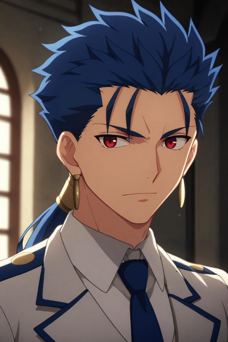 score_9, score_8_up, score_7_up, source_anime, rating_safe, intricate details, anime screencap, anime coloring, , looking at viewer, , , 1boy, solo, male focus, <lora:lancer_fsn_pony:0.82>, lancer_fsn, blue hair, red eyes, long hair, ponytail, spiked hair, , earrings, jewelry, , , world war 2, , <lora:sdxl_lightning_8step_lora:1>