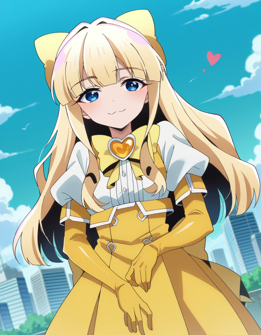 score_9, score_8_up, score_7_up, source_anime,
kaorukotenkawa, <lora:kaoruko-tenkawa-ponyxl-lora-nochekaiser:1>
kaoruko tenkawa, long hair, blue eyes, blonde hair, bow, hair bow, yellow bow,
gloves, dress, heart, elbow gloves, magical girl, yellow gloves,
outdoors, cityscape, smile,
looking at viewer, dutch angle, cowboy shot