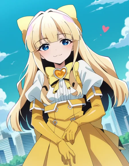 score_9, score_8_up, score_7_up, source_anime,
kaorukotenkawa, <lora:kaoruko-tenkawa-ponyxl-lora-nochekaiser:1>
kaoruko tenkawa, long hair, blue eyes, blonde hair, bow, hair bow, yellow bow,
gloves, dress, heart, elbow gloves, magical girl, yellow gloves,
outdoors, cityscape, smile,
looking at viewer, dutch angle, cowboy shot