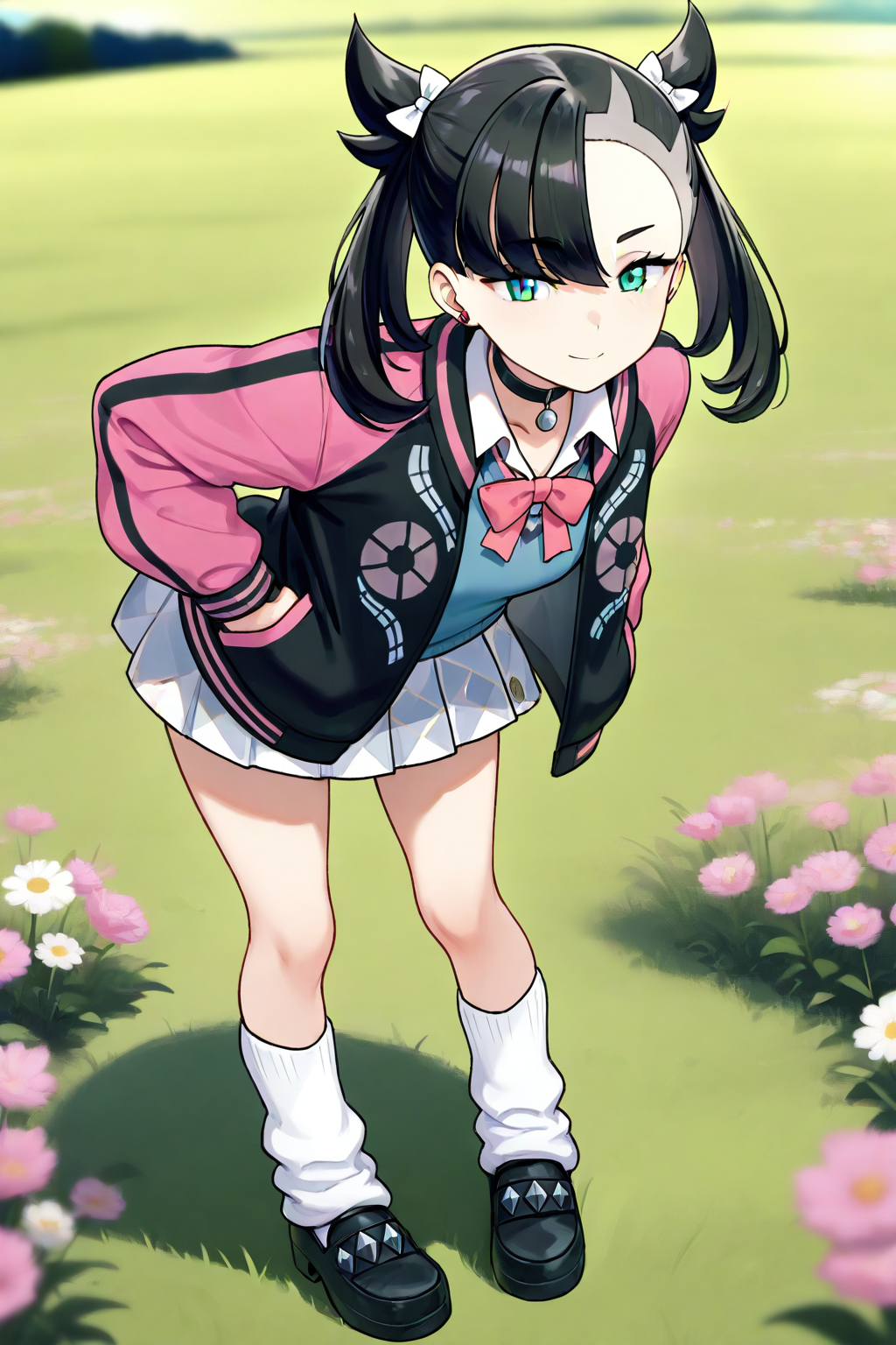 2d, masterpiece, best quality, amazing quality, 1girl, solo, close-up, standing, smile, full body, leaning_forward, looking at viewer, meadow, day, acmarnie, def colors, green eyes, black hair, asymmetrical bangs, white hair ribbon, black jacket, pink jacket, multicolored jacket, open jacket, blue sweater vest, white collared shirt, long sleeves, pink bowtie, pleated skirt, white skirt, checkered skirt, white socks, loose socks, shoes, black footwear,,masterpiece,best quality,newest,absurdres,highres,very awa