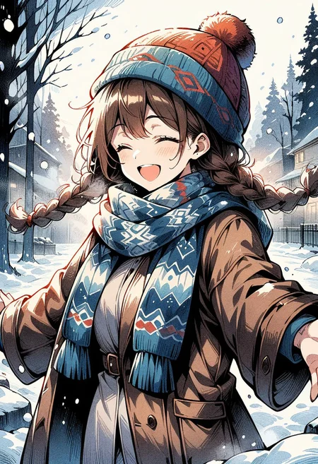 ((masterpiece, best quality, illustration)), ink art, watercolor, 1girl, solo, long hair, smile, open mouth, brown hair, hat, closed eyes, braid, outdoors, scarf, twin braids, coat, outstretched arms, snow, snowing, winter clothes, winter
