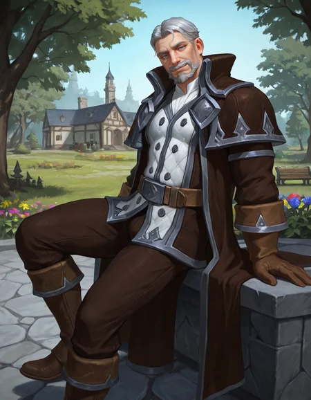masterpiece, best quality, newest, detailed background, intricate details, male focus, realistic, solo, <lora:World of Warcraft - Genn Greymane - Illustrious-000005:0.7>, genn_g, 1boy, mature male, grey hair, very short hair, mustache, beard, blue eyes, brown overcoat, white jacket, white shirt, brown gloves, brown belt, brown pants, brown boots, outdoors, kingdom, houses, trees, , flowers, colorful plants, sitting on stone bench, from side, head tilt, looking at viewer, smirk, leaning back, contrapposto, sunny weather
