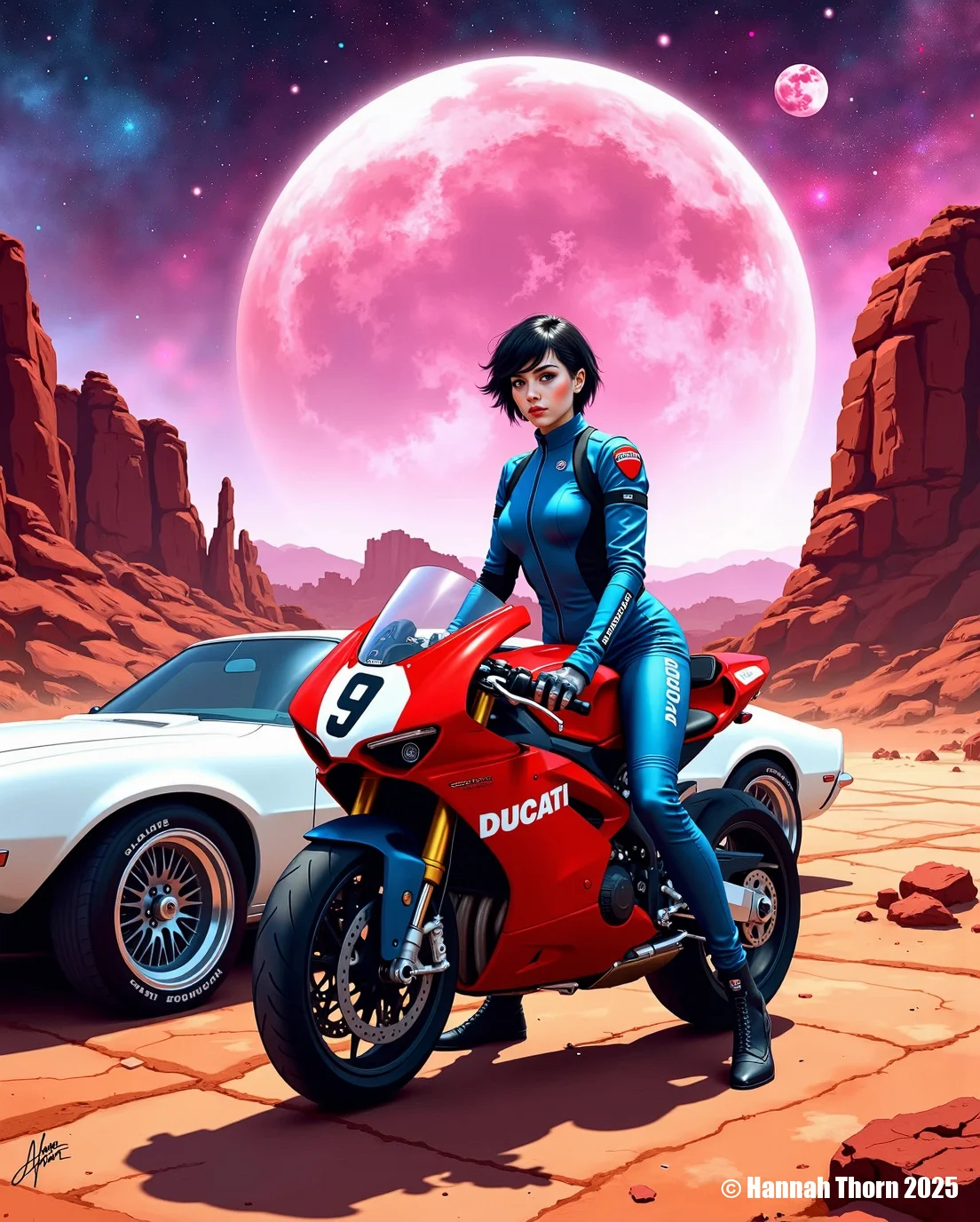 A dynamic digital illustration, cinematic in scope, depicting a young woman with short black hair, clad in a futuristic, blue-toned racing suit, confidently straddling a vibrant red Ducati motorcycle.  The motorcycle is parked beside a classic white muscle car, subtly adorned with a Ducati logo.  The setting is a breathtaking desert landscape under a swirling, cosmic skyâa blend of pink nebulae and a large, otherworldly pink moon.  Red rock formations rise dramatically in the background, while futuristic, sleek vehicles are visible in the far distance. The woman's gaze is direct and powerful. Style: hyperrealistic digital painting, with a cinematic lighting scheme evocative of a movie poster. Signature "Hannah Thorn" subtly placed in the bottom right. <lora:_Flux\_Painting\Erotic Comic F.safetensors:0.7000000000000001:0.7000000000000001>