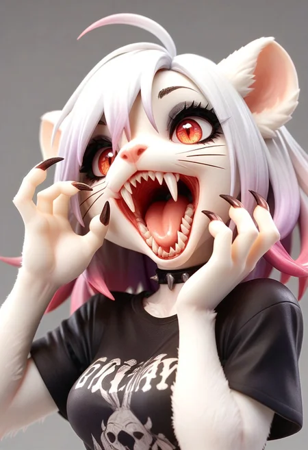 score_9, score_8_up, score_7_up, source_furry, OMTW1, open mouth, sharp teeth, bright eyes, sharp nails, body fur, gradient hair, eyeliner, small claws, gradient eyes, black shirt, print shirt, choker, medium breasts