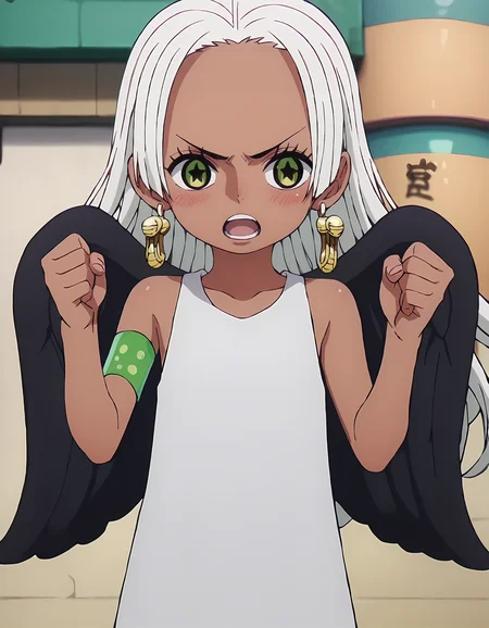 score_9, score_8_up, score_7_up, score_6_up, score_5_up, score_4_up, <lora:Ssnake_T0V0:0.90>,
1girl, solo, source_anime, anime screencap, 
Ssnake_T0V0, child, dark-skinned female, white hair, long hair, forehead, green eyes, eyelashes, 
earrings, jewelry, black wings, single armlet, 
white dress, collarbone, bare shoulders, 
hands up, clenched hands, 
looking at viewer, open mouth, blush, 
cowboy shot,