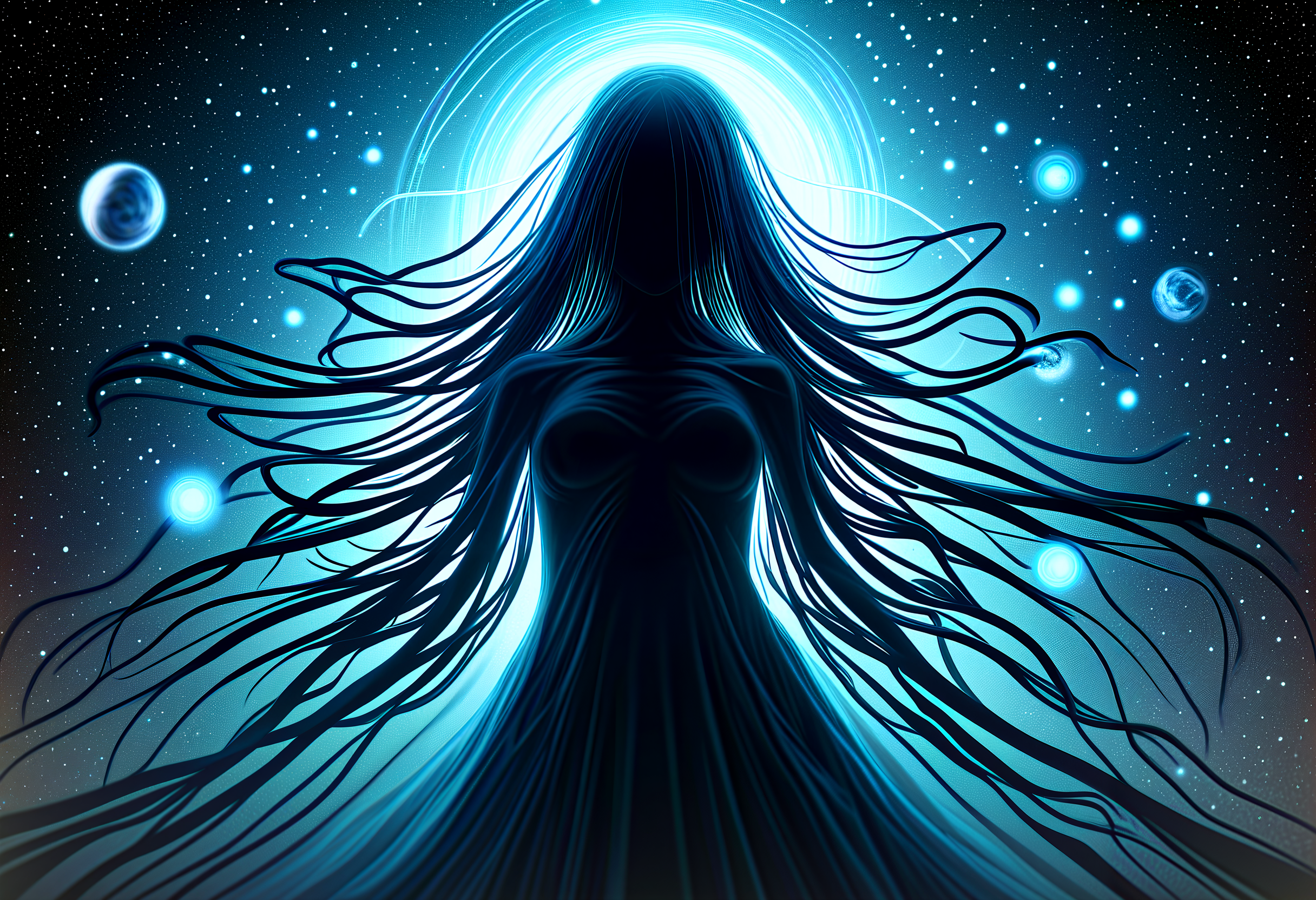 A striking and intricate portrait of a cosmic horror entity, its vast consciousness reaching across galaxies. With a single thought, it psychically dominates entire civilizations, which are represented by small planets orbiting around it. The entity itself is a hyper-minimalist design, yet extremely intricate, with a surreal and ethereal appearance. The scene utilizes volumetric lighting, best shadows, and shallow depth of field to create an atmospheric and delicate effect, capturing the essence of the cosmic horror., Ruri Gokou. Long, dark blue hair with bangs, Concentration, focus, determination, resolve, Furrow the brow, purse the lips, and narrow the eyes, Exaggerated growth