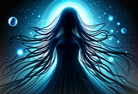A striking and intricate portrait of a cosmic horror entity, its vast consciousness reaching across galaxies. With a single thought, it psychically dominates entire civilizations, which are represented by small planets orbiting around it. The entity itself is a hyper-minimalist design, yet extremely intricate, with a surreal and ethereal appearance. The scene utilizes volumetric lighting, best shadows, and shallow depth of field to create an atmospheric and delicate effect, capturing the essence of the cosmic horror., Ruri Gokou. Long, dark blue hair with bangs, Concentration, focus, determination, resolve, Furrow the brow, purse the lips, and narrow the eyes, Exaggerated growth