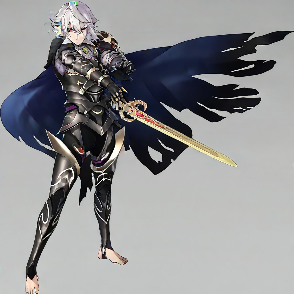 masterpiece, best quality, official style, anime screencap, anime coloring, BREAK malecorrin, white hair, hair between eyes, pointy ears, red eyes, blue cape, armor, metal gloves, toeless legwear, barefoot, stirrup legwear, full body view, standing, sword on hand, sword stance, feet, view from above