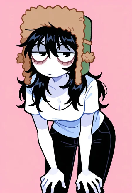 masterpiece, best quality, highres, BREAK, jennyjankles, 1girl, solo, white skin, black hair, long hair, black eyes, bags under eyes, medium breasts, hat, white shirt, black pants, looking at viewer, leaning forward, cleavage, hands on own knees, standing, cowboy shot, pink background