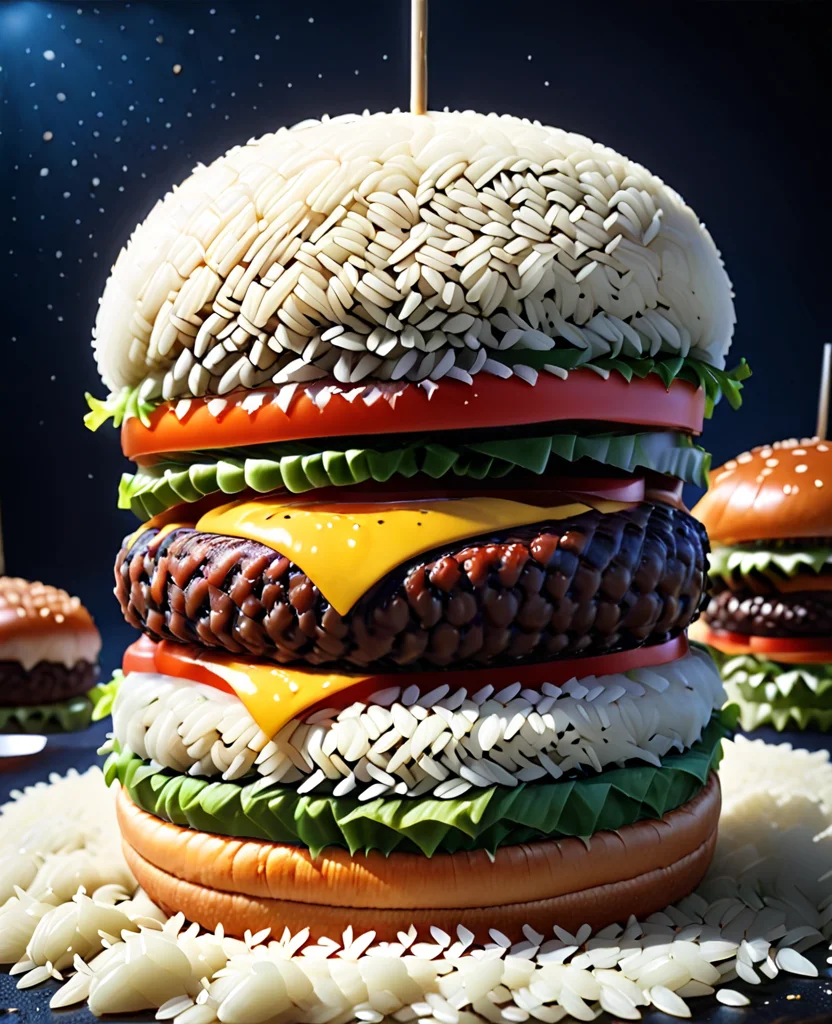 A Burger made out of rice grains. r1c3m0rph <lora:Rice_Grains_Morph:1>,