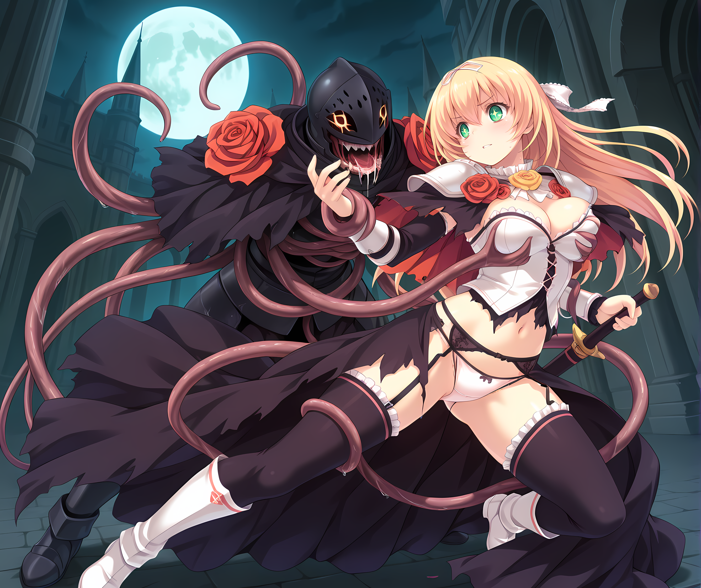 <lora:Alicia_Close_ã¢ãªã·ã¢ã¯ã­ã¼ãº_-_Escude_-_Relord:0.7>,solo,aliclose,blonde hair,long hair,green eyes,+_+,medium breasts,rose,hair ribbon,knight,armor,pauldrons,capelet,long skirt,sheath,torn clothes,cleavage,panties,garter straps,thighhighs,garter belt,midriff,fighting stance,eldritch abomination,horror \(theme\),dark night,full moon,tentacles,from side,battle, resisting, grabbing another's breast,, masterpiece,best quality,amazing quality, very aesthetic, absurdres,detailed eyes,ultra-detailed,