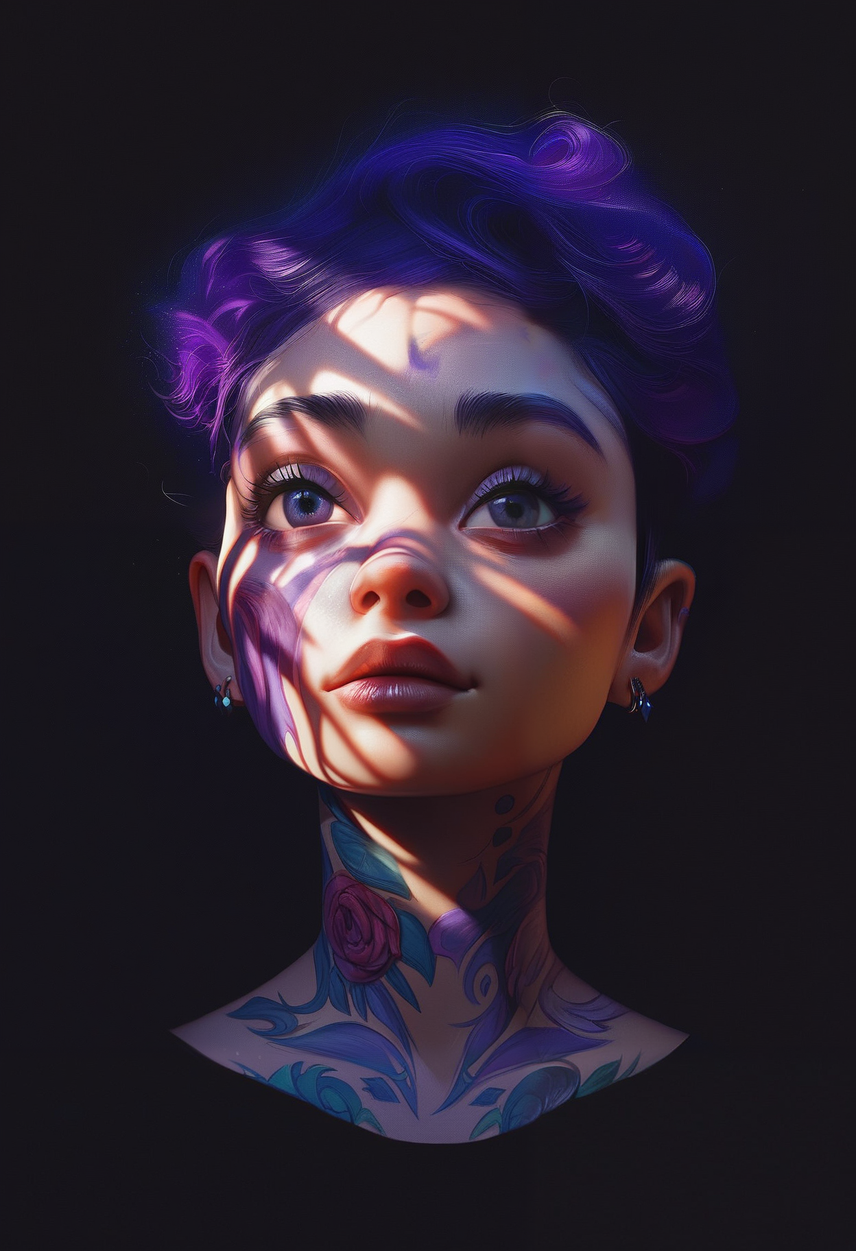 score_9, score_8_up, score_7_up, score_6_up, 1girl, cute face,  short violet hair, purple floral face tattoos, portrait,  s1_dram, black background