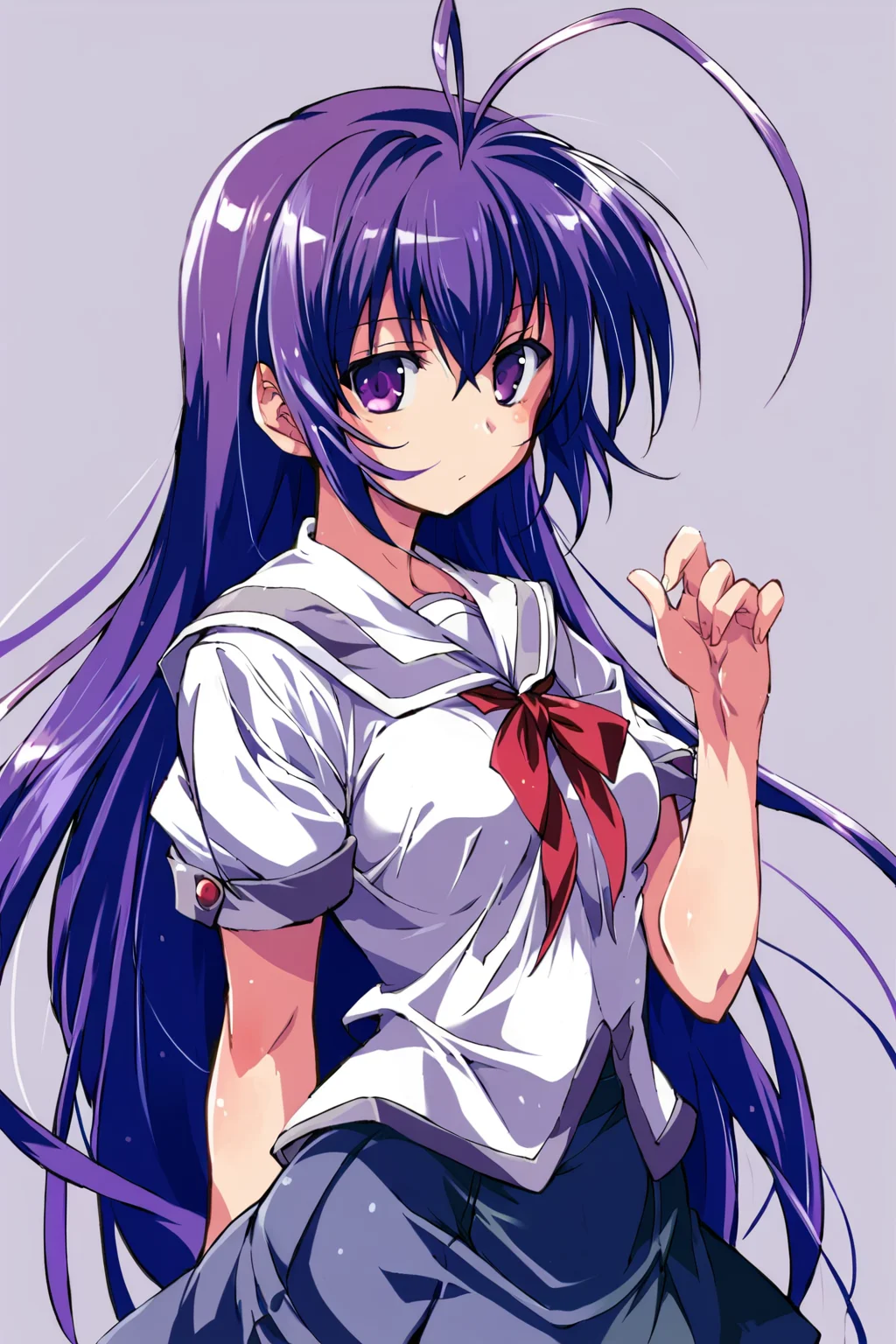 score_9,score_8,sfw,<lora:Komatsu_Eiji_Pony_V2:0.9>,iriya kana, 1girl, solo, long hair, school uniform, skirt, very long hair, purple hair, looking at viewer, purple eyes, short sleeves, miniskirt, cowboy shot, antenna hair