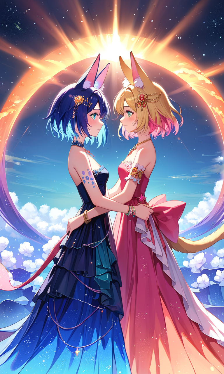 (masterpiece, best quality, very aesthetic, ultra detailed), score_9, score_8_up, score_7_up,  (2girls) in dress, animal ears, short hair, colored hair, blush, jewelry,bracelet,glowing,necklace, supernatural and quixotic structures,jagged rock formations,biomorphic,nebula,ethereal,dappled light,black,teal,purple, sunlight, outdoors, detailed, intricate, absurdres,  <lora:ç»ªå¿XL ä¸è·¯æµåè£ XUER Silk Road glowing dress:1>, XUER Silk Road glowing dress,  <lora:MJ52:0.7>