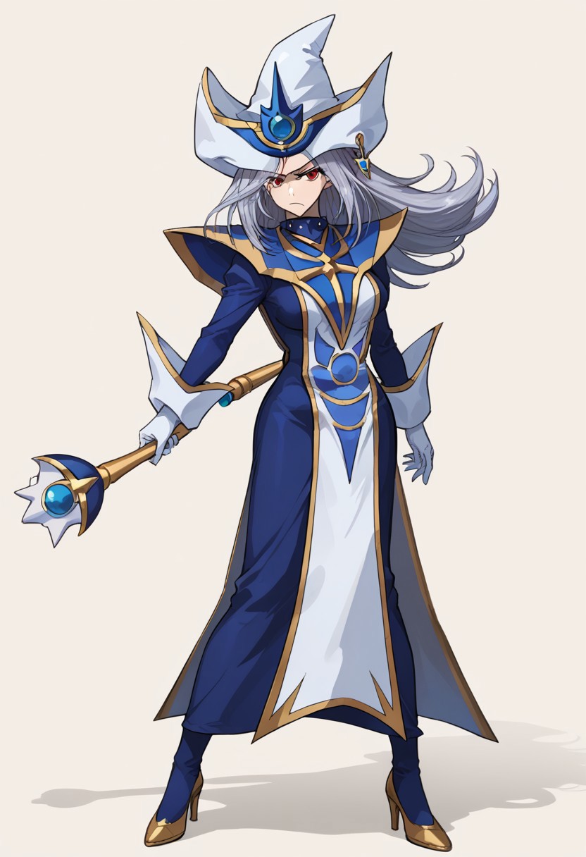 score_9, score_8_up, score_7_up, source_anime, good anatomy, 1girl, solo, SilentMagicianOG, long hair, silver hair, swept bang, red eyes, medium breasts, SiMaZero, white and blue tabard with gold trim, very long dress, blue dress, white gloves with gold trim, gold trim, puffy sleeves, white and blue hat with gold trim, wizard hat, metal choker, side slit, blue thighhighs with gold trim, white high heels, standing, spread legs, fluttering tabard, fluttering dress, gold and blue stick, holding stick, holding, holding gold and blue stick, fighting stance, glaring