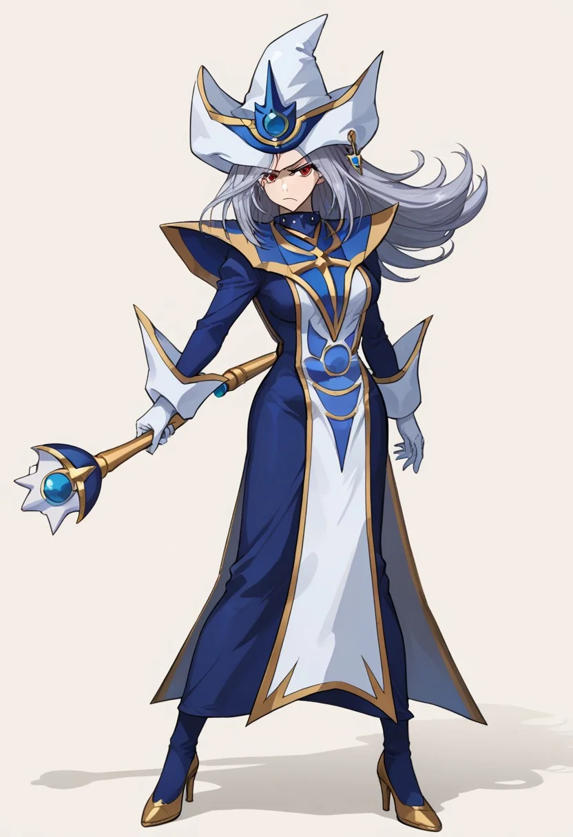 score_9, score_8_up, score_7_up, source_anime, good anatomy, 1girl, solo, SilentMagicianOG, long hair, silver hair, swept bang, red eyes, medium breasts, SiMaZero, white and blue tabard with gold trim, very long dress, blue dress, white gloves with gold trim, gold trim, puffy sleeves, white and blue hat with gold trim, wizard hat, metal choker, side slit, blue thighhighs with gold trim, white high heels, standing, spread legs, fluttering tabard, fluttering dress, gold and blue stick, holding stick, holding, holding gold and blue stick, fighting stance, glaring