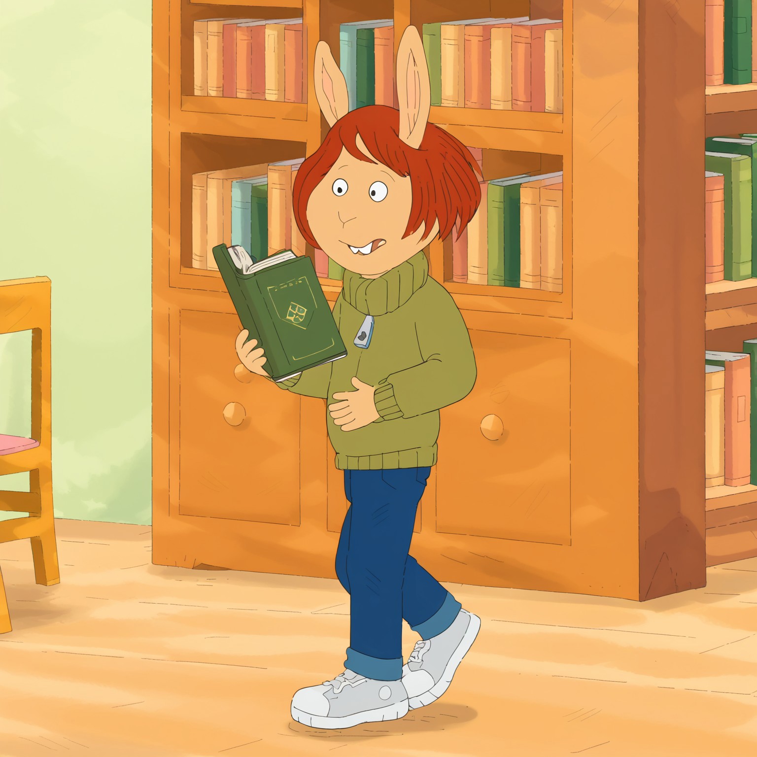 Ladonna Compson, 1girl, solo, furry, bucktooth, tan complexion, short auburn hair,
olive green sweater, blue jeans, sneakers,
library, books 