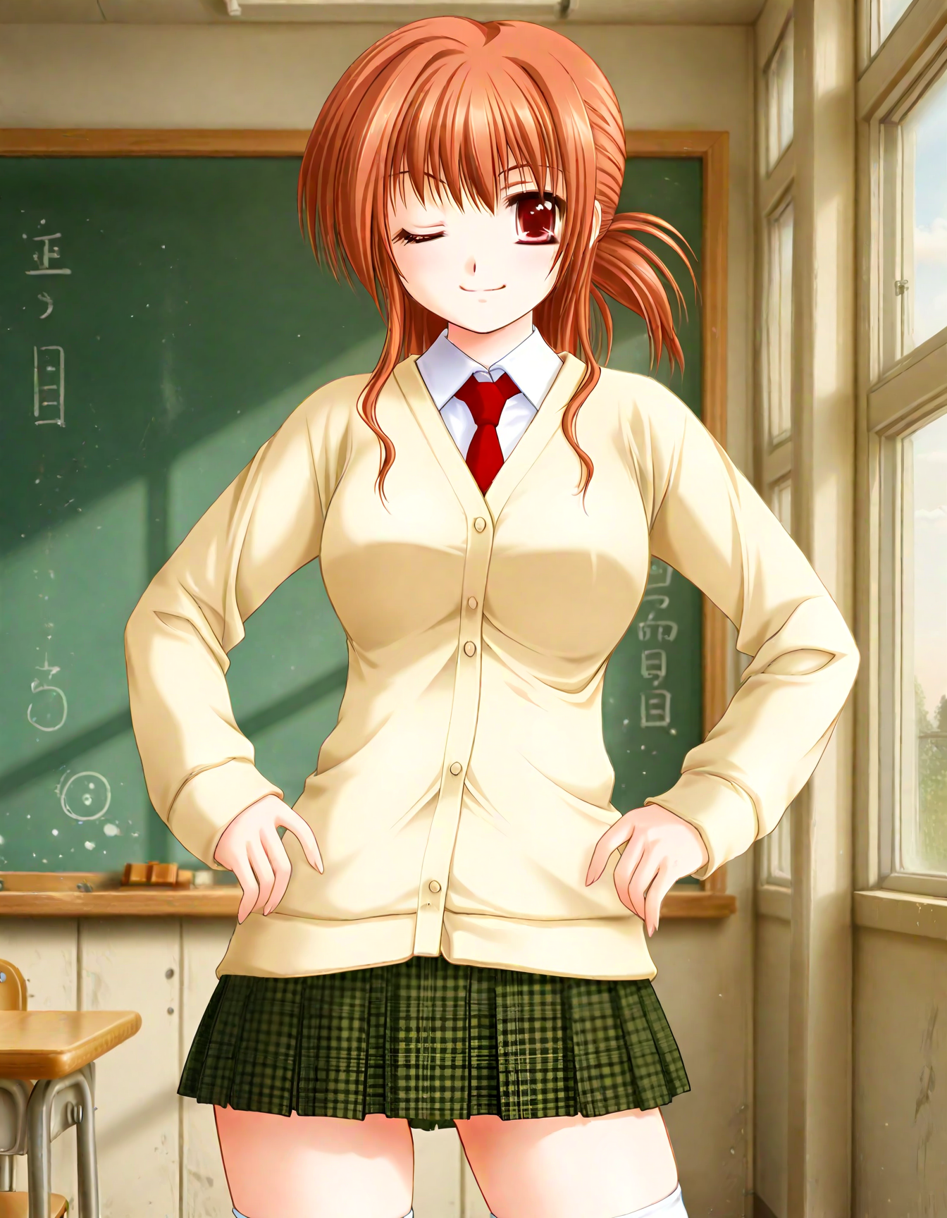 (1girl, solo:1.3), (2girls, 3girls, 4girls, multiple girls, 2boys, 3boys, 4boys, multiple boys:-1.5) <lora:Kazuyagi_Akane_Gore_Screaming_Show_Illustrious:0.9>, Kazuyagi_Akane, large breasts, red eyes, brown eyes, brown hair, long hair, low ponytail, school uniform, cardigan, long sleeves, white shirt, red necktie, pleated skirt, plaid skirt, checkered skirt, white legwear, light smile, one eye closed, general, contrapposto, dynamic pose, hands on own hips, portrait, straight-on, pov, dutch angle, , indoors, school, classroom, chalkboard, (text, board eraser:-2.0), (white theme:1.3), window, outdoor view, , <lora:NOOB_EPSv1_1_detailer_by_vlnvk_v1_0:1.5>, (photo background:0.7), evening, (tachibana yuu:0.6), inue shinsuke, (kazuma muramasa:0.0), saikawa yusa, (aoi manabu:0.6), abarerumidori, (suzui narumi:0.6), masterpiece, newest, absurdres, 8K, anime screenshot, anime coloring, flat color, official art, film grain, <lora:illustriousXLv01_stabilizer_v1.185c:0.7>, <lora:LECO_Solo:-4.0>,