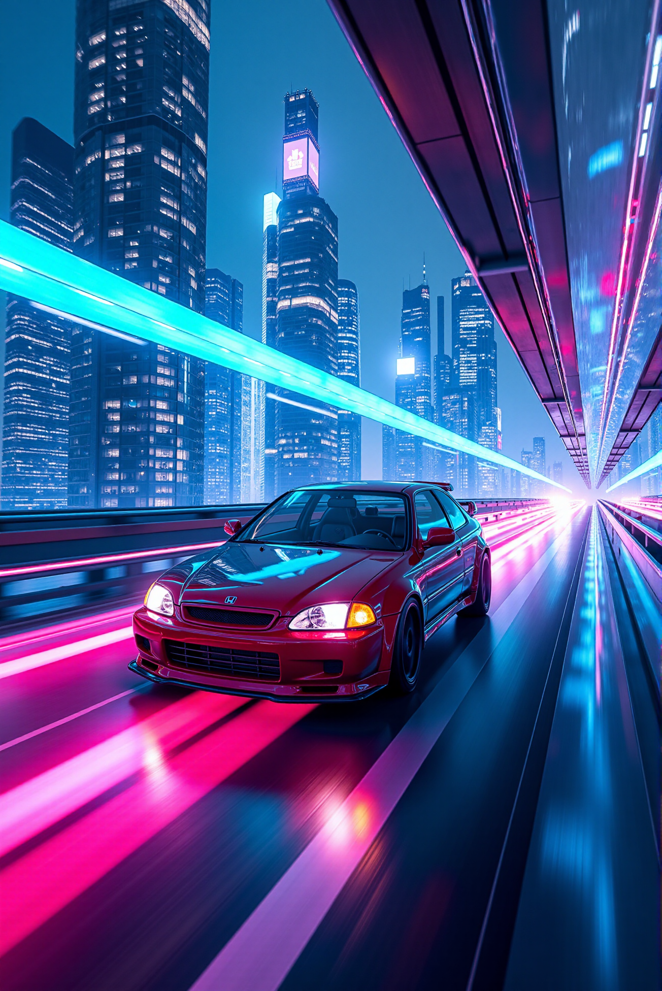 <lora:Honda_Civic_Type-R_EK9:1.0> Honda Civic Type-R EK9. 
Roaring through the glass canyon of a futuristic urban skyline, the (Honda Civic Type-R EK9 from '90) speeds along a suspended expressway lit by hundreds of glowing panels embedded into the road. Captured in a dramatic Dutch angle from just above headlight height, the car appears to surge forward as light streaks pull past in luminous trails of cyan and magenta. The background is hyper-detailed with towering mirrored skyscrapers and dynamic motion blur to enhance the sense of speed. The lighting is stylized like a sci-fi filmâsharp, angular, and infused with neon atmosphere. The tone is thrilling and cinematic, designed with a touch of anime-mecha flair fused into a photorealistic cityscape.  (A mirror-like, ultra-gloss finish of the car produces vivid, sparkling glints of light across its surface:1.1).