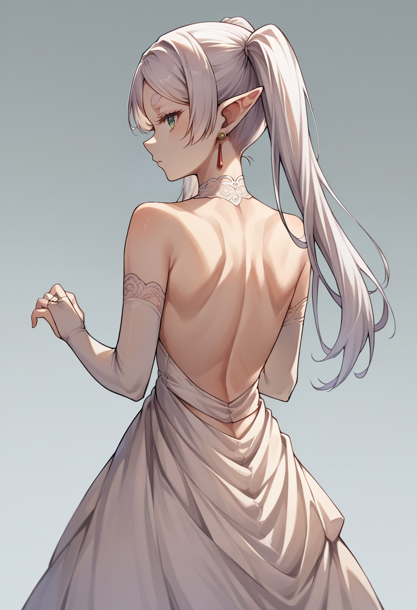 score_9, score_8_up, source_anime, 1girl, solo, Frieren, green eyes, white hair, long hair, twintails, thick eyebrows, earrings, backless dress, bridal gauntlets, from behind, back, nape, strapless dress, wedding dress, white dress, simple background, <lora:ChamFrierenPonyXLCame-000008:1>