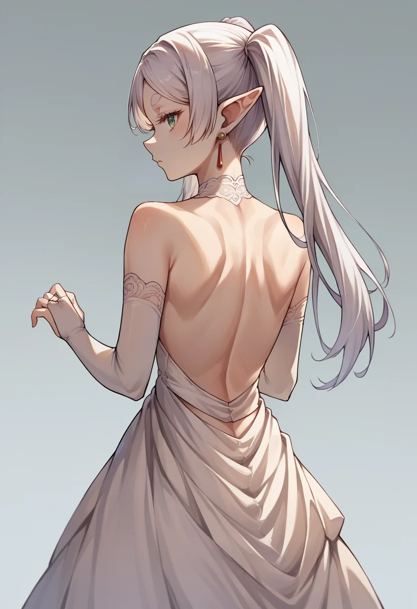 score_9, score_8_up, source_anime, 1girl, solo, Frieren, green eyes, white hair, long hair, twintails, thick eyebrows, earrings, backless dress, bridal gauntlets, from behind, back, nape, strapless dress, wedding dress, white dress, simple background, <lora:ChamFrierenPonyXLCame-000008:1>