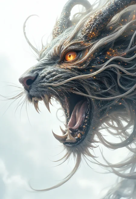 a dipiction of a manticore, blending form with reality. Glitching the surreal with blurred dreams on a white background. Woven light fuses delicatly with whispering shimmers creating a eyecatching and masterpiece artwork. drifting fog, cracked light and smokey haze in floating threads finishes the dreamlike reality.