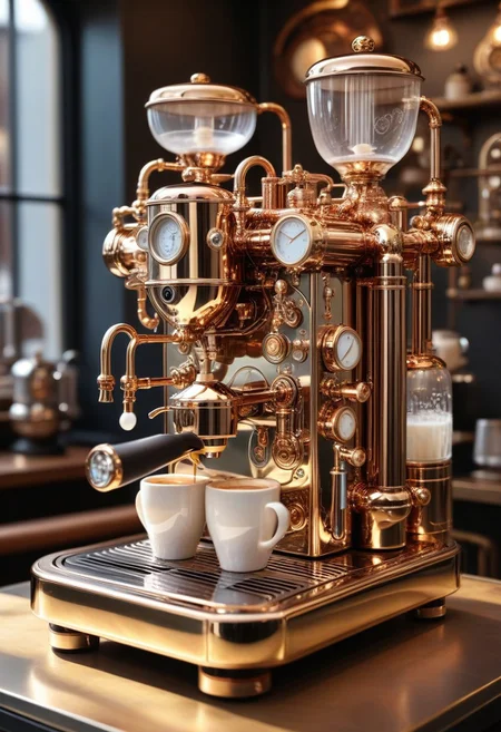 pearlescent style steampunk coffee machine with mother-of-pearl decoration. Realistic technical photo, detailed, pipes, taps, an analog instrument, decorative structure on the counter of a coffee shop. Sunshine. incredible detail, highest quality, 8k ultra-high resolution, visual masterpiece, vibrant, warm